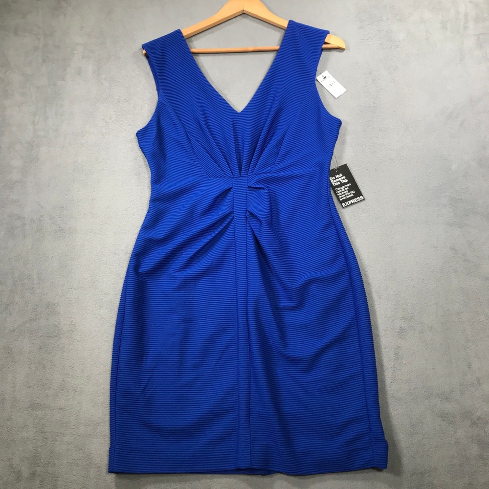 Express Sheath Dress Womens 12 Royal Blue New Ribbed V-Neck Pleated Cocktail